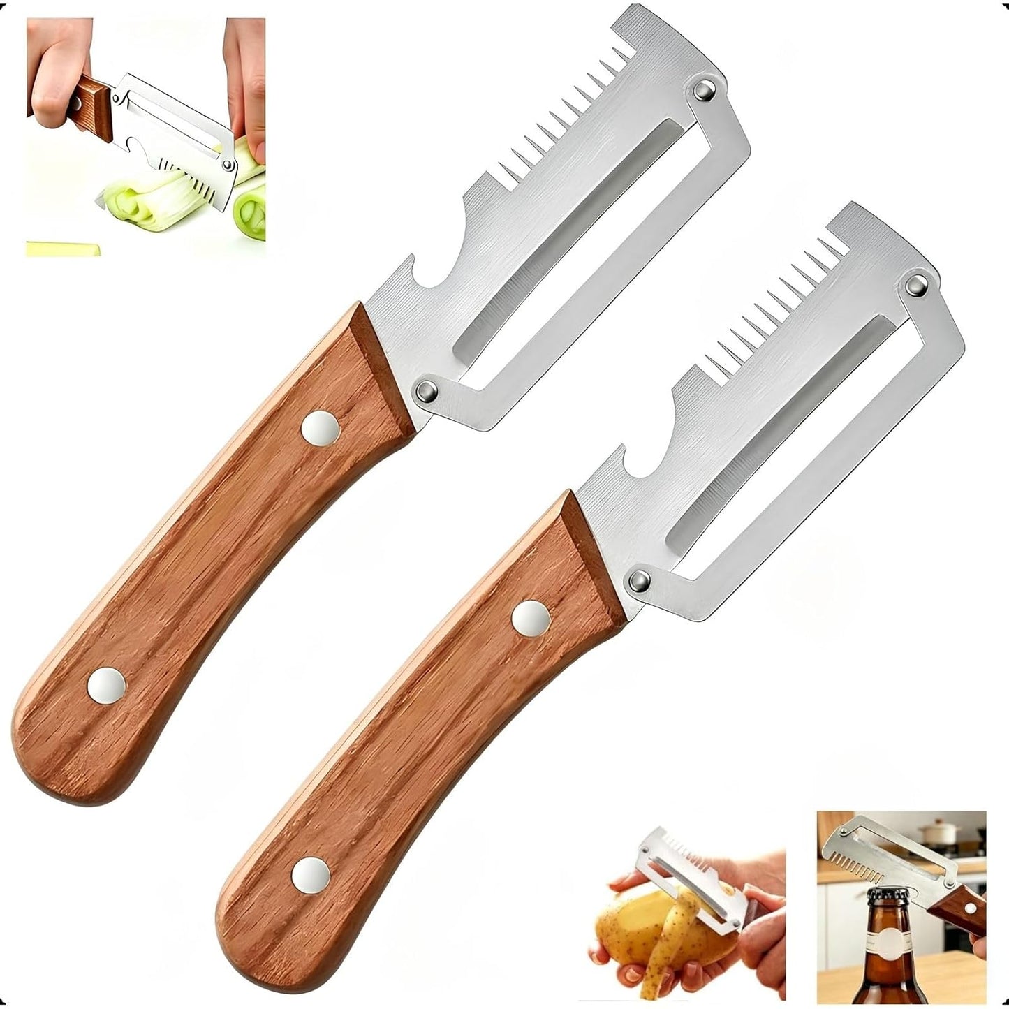 3-in-1 Multi-Functional Vegetable Peeler & Kitchen Knife with Wooden Handle