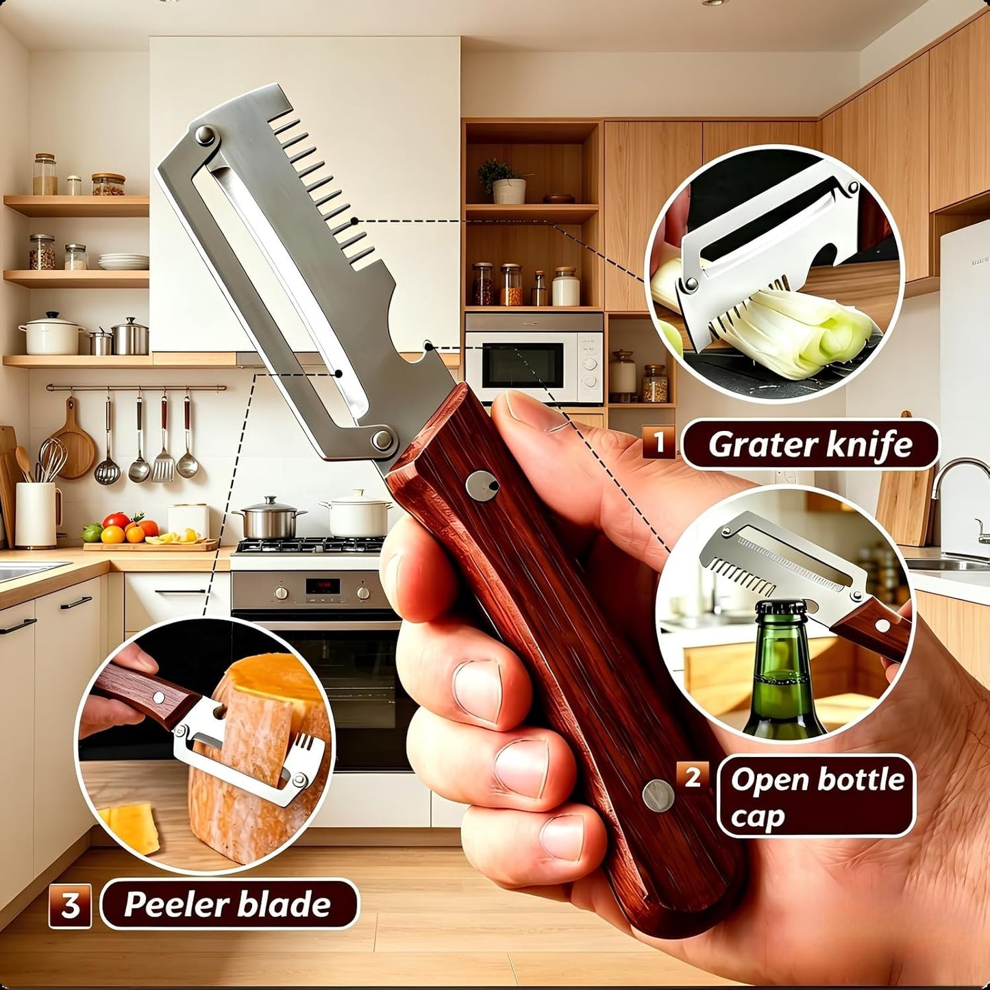 3-in-1 Multi-Functional Vegetable Peeler & Kitchen Knife with Wooden Handle