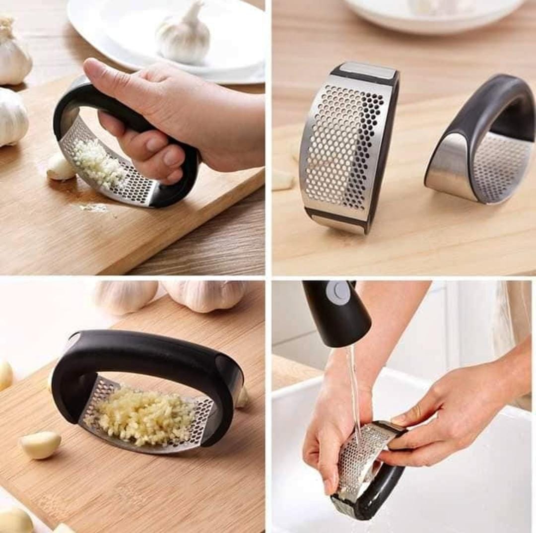 Manual Garlic Press Rocker with Handle – Stainless Steel Garlic Crusher, Squeezer, Slicer & Mincer | Easy Handheld Chopper Kitchen Gadget Tool